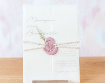 Dusty Pink Modern Wedding Invitations | Muave Boho Wedding Invites | Dusty Rose Vellum Jacket and wax Seal Invitation