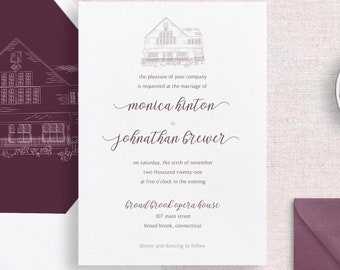 Venue Wedding Invitations | Elegant Wedding Invitations | Invite with Venue Illustration | Burgundy Invites