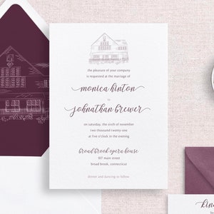 Lieu Invitations de mariage | Invitations de mariage élégantes | Invitation avec Illustration de lieu | Bourgogne Invite