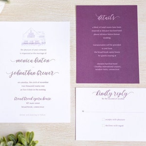 Maroon Venue Invitations de mariage | Invitations personnalisées d’illustration de lieu | Invitation avec Illustration de lieu | Bourgogne Invite