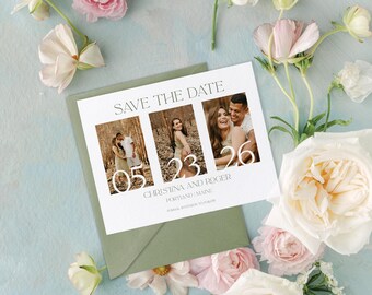 Modern photo collage save the date card - Customizable with three photos