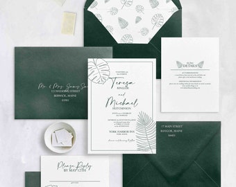 Tropical Wedding Invitations: Green & Gold Destination Wedding