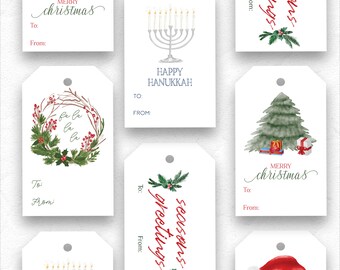 Package of 8 Christmas and Holiday Gift Tags with White Ribbon For Christmas and or Hanukkah