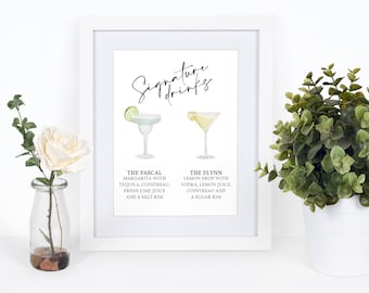 Letrero de bebida exclusivo con ilustraciones de cócteles personalizadas para bar de bodas