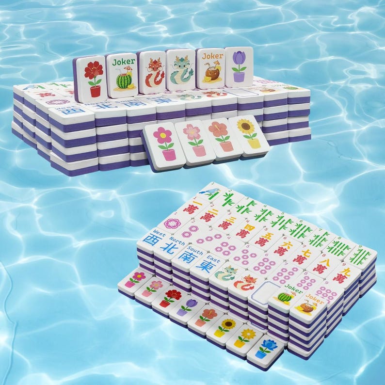 May include: A set of rectangular mahjong tiles with white faces and purple backs. The tiles feature colorful illustrations of flowers, fruits, dragons, and the word Joker, alongside traditional Chinese characters and directional labels like West, North, South, and East.