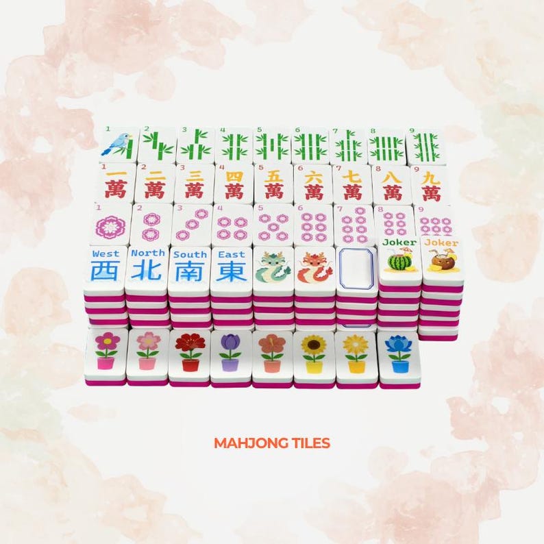 May include: A set of white Mahjong tiles with pink backs, featuring colorful illustrations of bamboo, Chinese characters, flowers, dragons, and Joker icons. The tiles are arranged in a grid, displaying various suits, directional markers, and floral designs.