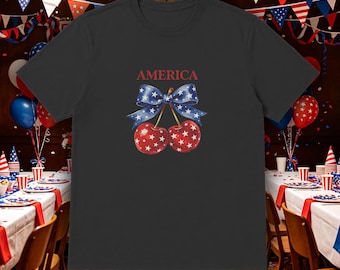 Patriotic Cherry Bow T-Shirt, July 4th America Graphic Tee, Women's Independence Day Apparel