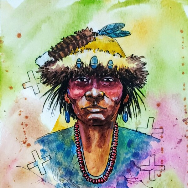 Peinture originale d'aquarelle d'homme de Navajo