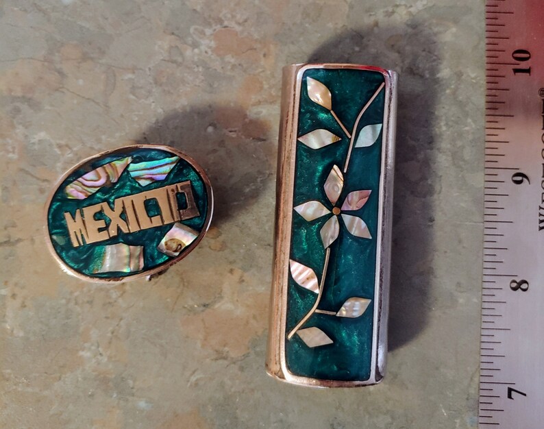 Vintage Mexican Silver and Abalone Lighter Case and Pill Box Set
