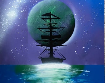 Sailing ship silhouette against a huge planet