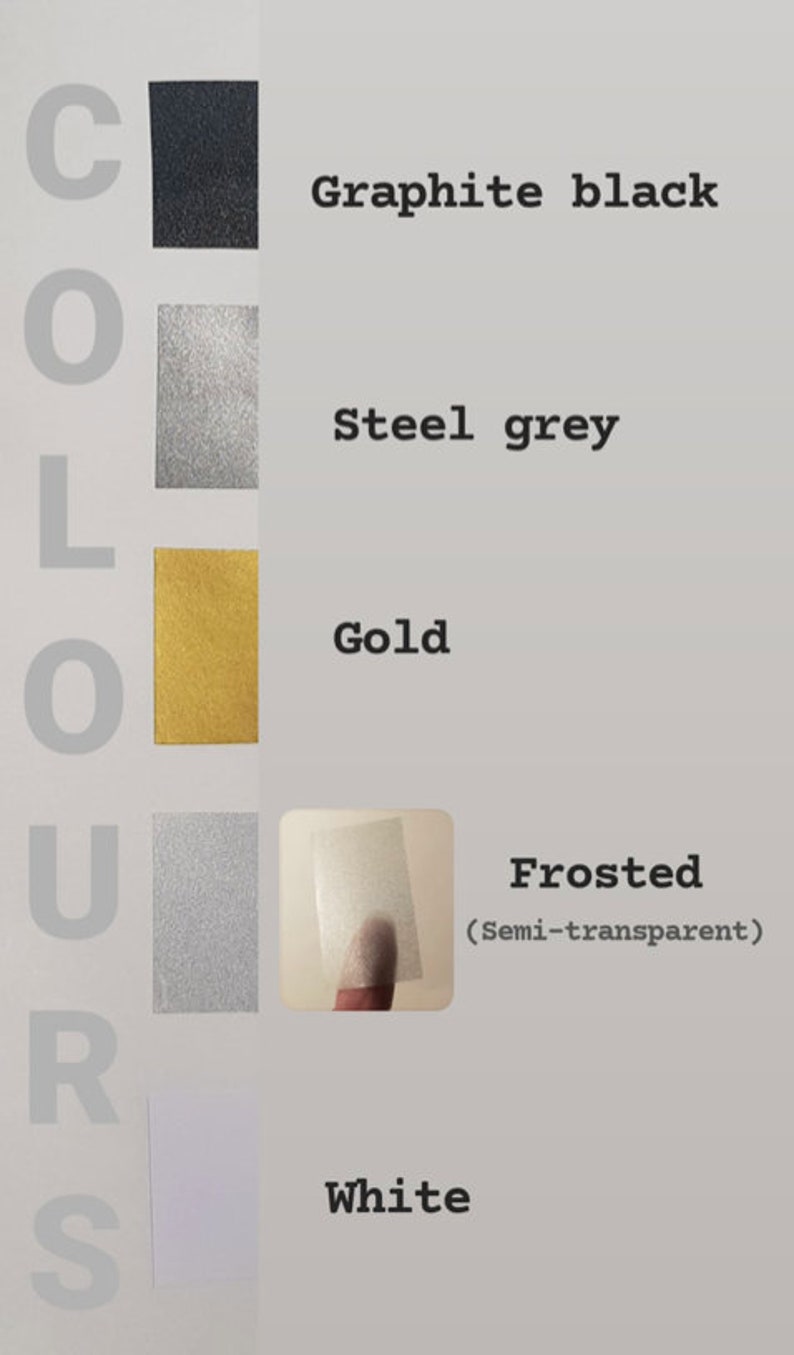 Peut inclure: Un tableau montrant diff&eacute;rentes couleurs de vinyle disponibles &agrave; l'achat. Les couleurs sont&nbsp;: noir graphite, gris acier, or, givr&eacute; (semi-transparent) et blanc.