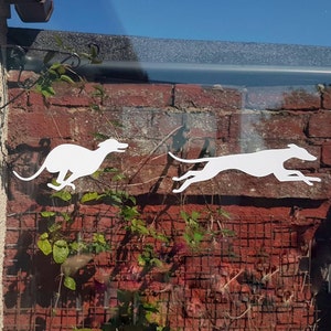 May include: Two white silhouette decals of greyhounds running, attached to a window with a brick wall and green vines in the background.