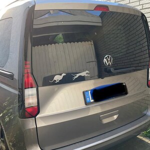 Puede incluir: Una minivan gris con una ventana trasera negra y un logotipo de Volkswagen. La ventana trasera tiene dos siluetas de perros grises corriendo en el vidrio. El coche tiene una matr&iacute;cula con la letra D.