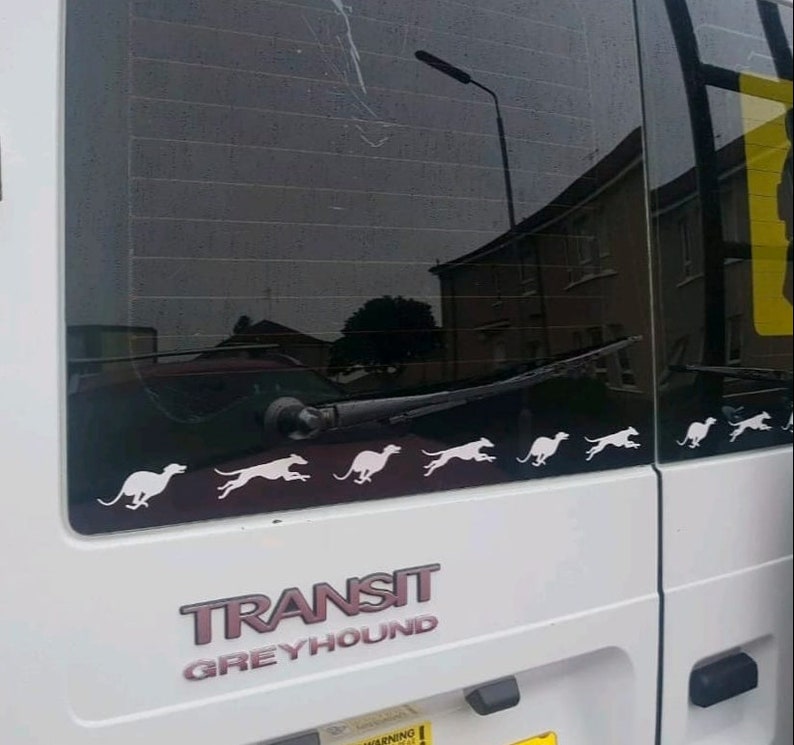 Puede incluir: Una furgoneta blanca con las palabras "TRANSIT GREYHOUND" en la parte trasera. La furgoneta tiene una ventana negra con el reflejo de un edificio y una farola. Hay varias siluetas blancas de galgos corriendo a trav&eacute;s de la ventana trasera.