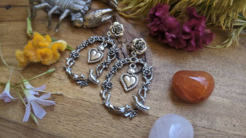 pyrite flowers silver Frida Kahlo Sacred Heart- mexican tribute amazing statement earrings birds handmade roses post earrings