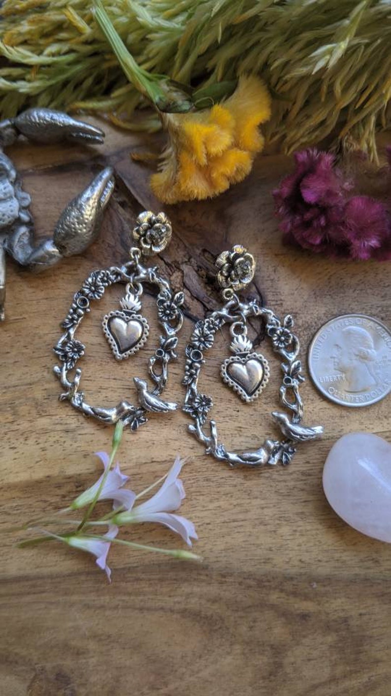 pyrite flowers silver Frida Kahlo Sacred Heart- mexican tribute amazing statement earrings birds handmade roses post earrings