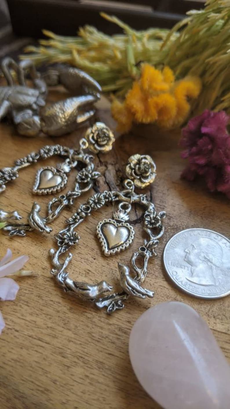 pyrite flowers silver Frida Kahlo Sacred Heart- mexican tribute amazing statement earrings birds handmade roses post earrings