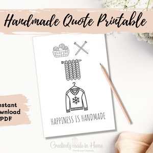Cita "La felicidad está hecha a mano" imprimible, decoración de pared para habitación con manualidades de crochet o tejido, motivacional, letra, media letra, tamaño A5 y A4, PDF imprimible.