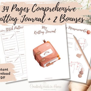 34 Pages Comprehensive Knitting Journal+2 Bonuses printable, Knit Project details printable, Letter, Half-letter, A5 & A4 Size PDF Printable