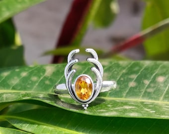 Gul citrinring med horn, 925 sterlingsilverring