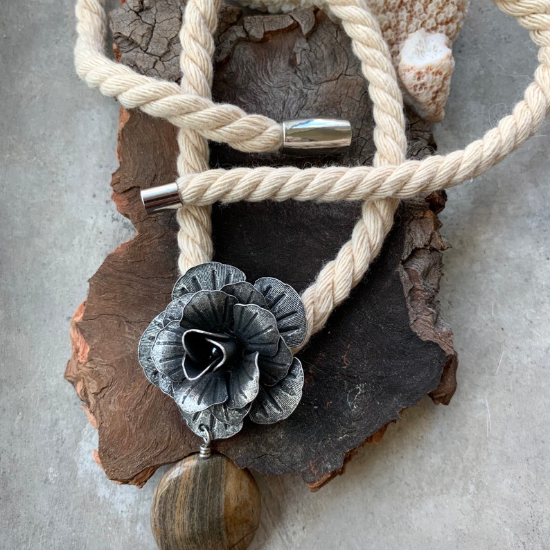 Necklace Magnetic Clasp Silver Toned Rose with Green and Brown Ocean Jasper with a Chain Tassel on a Rope