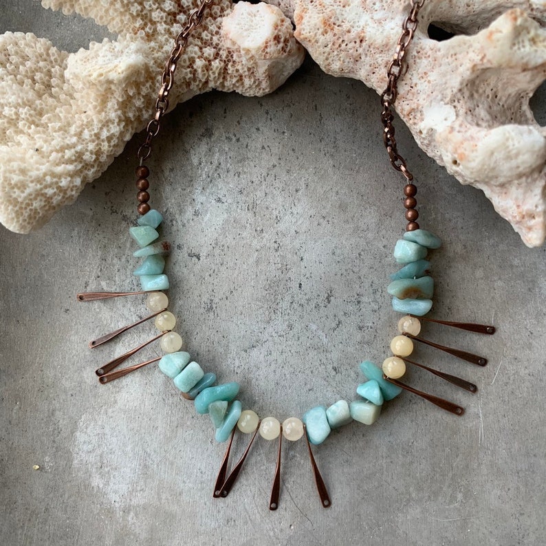 Aqua and Yellow Jade with Copper Prongs Beaded Necklace