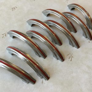 Art Deco Chrome with Red Stripe Drawer Handles set of 9 salvaged Chrome/Red Striped Lines 1950’s Art Deco Cupboard Handles 2 3/4” centre