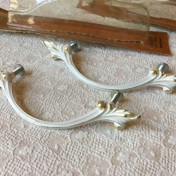 French Provincial Drawer Pulls, Vintage NOS pair of French Provincial Ivory and Gold Amerock  3” Centres Rockford Illinois