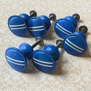 Blue and White Stripe Knobs set of 6 Vintage 1940’s Art Deco Knobs of Blue Cupboard Pulls with White Striped Bullseye Pattern