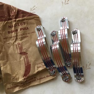 Chrome with red stripe set of 4 Vintage 1950’s National Lock Bright Chromium Plated with Red Lines NOS Vertical Cupboard Handles 3” Centres