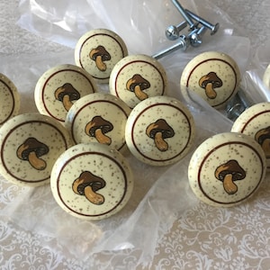Ceramic Mushroom Knobs 1960’s/1970’s set of 12 Vintage Ceramic speckled Porcelain Mushroom Cupboard Knobs, single mount