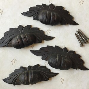 Puede incluir: Cuatro tiradores de armario en forma de hoja, de color marrón oscuro, con un diseño central en forma de bellota. Los tiradores son de madera y tienen un aspecto tallado detallado. También se incluyen cuatro tornillos.