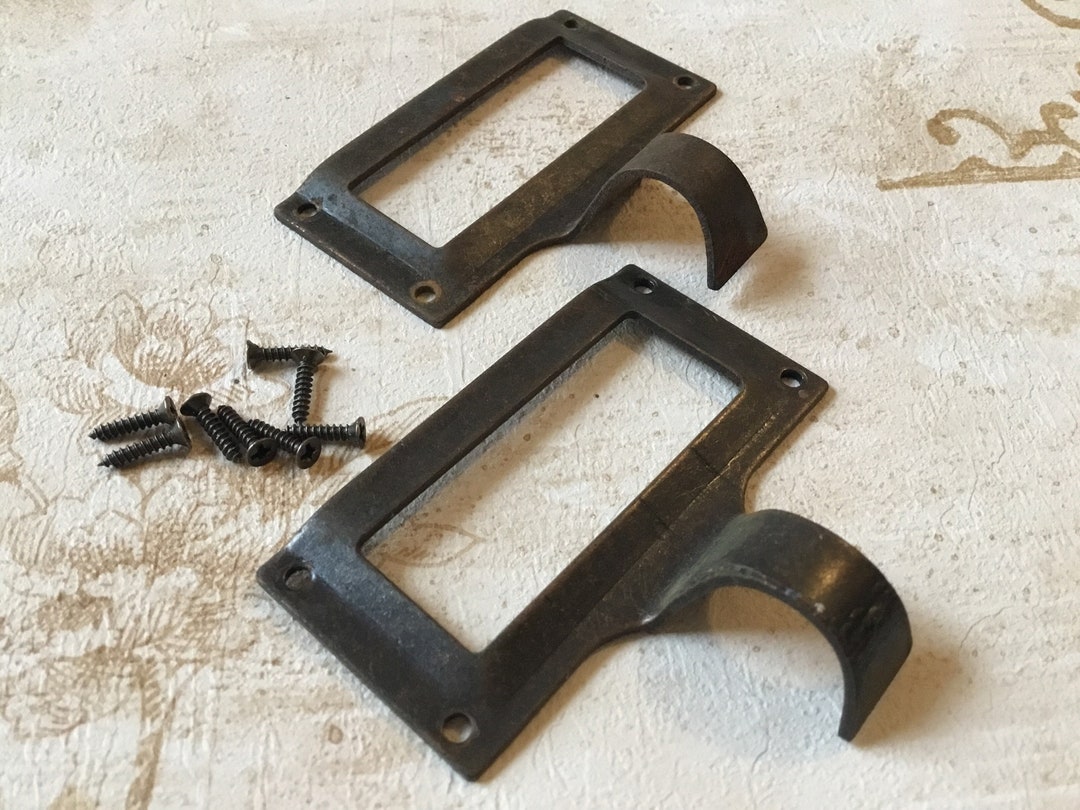 Apothecary Label Holders, Pair of Antique Cast Iron Original Apothecary Bin Pulls, Card