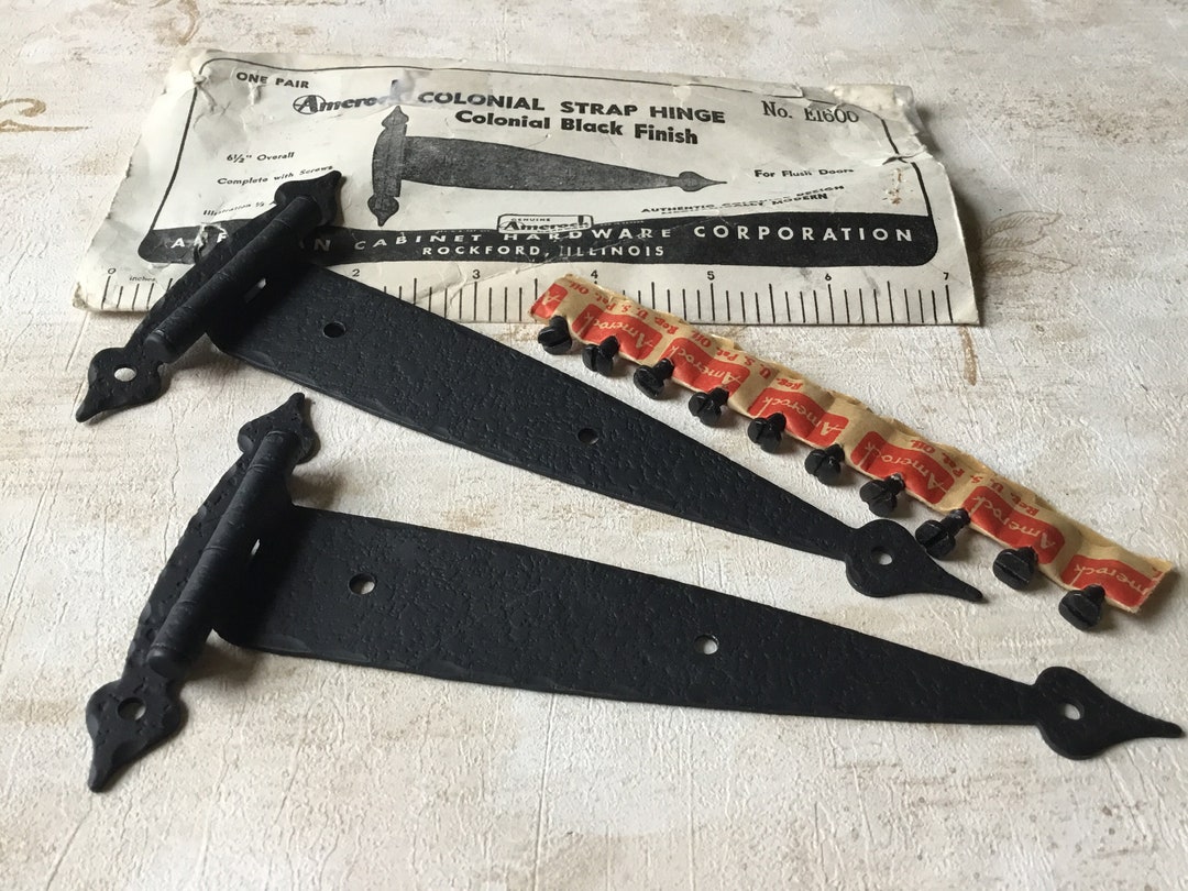 Vintage Strap Hinges Pair 2 Vintage NOS 1960s 6 1/2 Black Hammered Strap Hinges Colonial Black