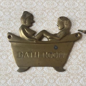 Vintage Brass Bathroom Sign Wall mounted Vintage Solid Brass Bathroom Sign Couple in bathtub Bathroom Door Sign
