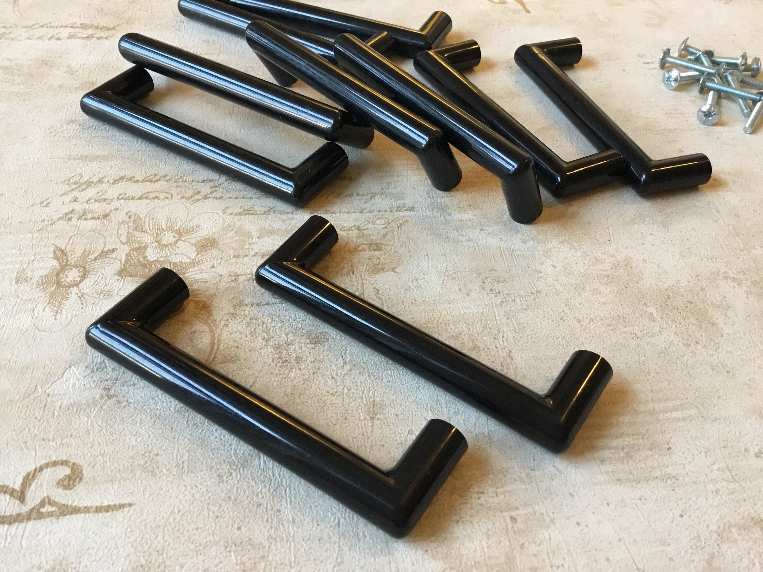 Black Cabinet Handles, set of 12 Salvaged Plastic Retro Kitchen Cabinet Drawer Pulls with 3 3/4” Centre Mounting holes