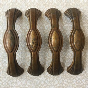 Art Deco Drawer Handles set of 4 Art Deco Cabinet Pulls Vintage Art deco Brass Plated Cabinet Handles Art Deco Drawer Pulls, 4 1/4” centres