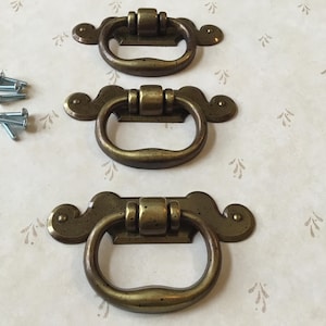 Vintage Fixed Bail Handles with Matching Backplates, Set of 3 MCM Brass Fixed Bail Cabinet Pulls with 1 1/4” centre mounting holes