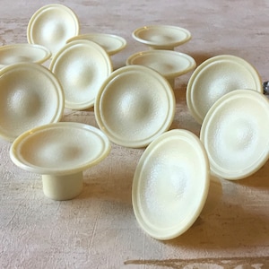 Può includere: Un set di 10 pomelli per armadi in plastica color avorio con un centro rialzato e testurizzato. I pomelli hanno un design semplice e classico.