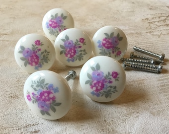 Vintage Purple Floral Drawer Knobs set of 6 Plastic Kitschy Purple/Mauve Retro Cabinet Knobs, Vintage Purple 1970’s Cupboard Knobs