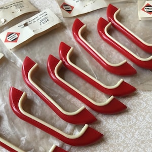 Red & White Art Deco Drawer Pulls set of 8 1940’s/1950’s Early Plastic Vintage Cupboard Handles