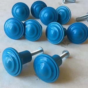 Art Deco Blue Ribbed Early Plastic Cupboard Knobs Set of 10 Vintage 1940’s Single Mount Stepped Kitchen Cabinet Pulls