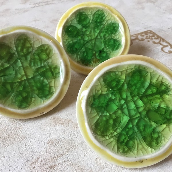 Vintage Green Ceramic Cupboard Knobs 2 3/4” set of 3, concave Vintage 1960’s Green Ceramic Floral Drawer Knobs/lime slice pulls