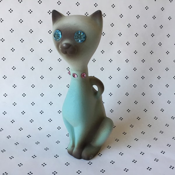 Cat Figurine with Blue Rhinestone Eyes and Collar circa 1960s Mid-Century Modern Long Neck Roselane Sparklers CA Pottery MCM Long Neck Cat