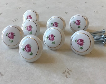 ヴィンテージ 食器棚ノブ 8個セット ホワイトセラミック 1 1/2インチ ローズ 引き出しノブ シングルマウント 食器棚ノブ シャビーシック キャベツ ローズ 引き出しノブ