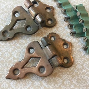 May include: Close-up of antique metal hinges and a strip of green fabric with screws. The hinges are in shades of bronze and silver, with decorative cutouts and rounded edges. The fabric strip is a muted green.