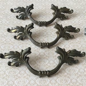 Vintage French Provincial Drawer Pulls set of 3 Solid dark Brass French Provincial Drawer Pulls 5 3/4” with 3 1/2" center mounts