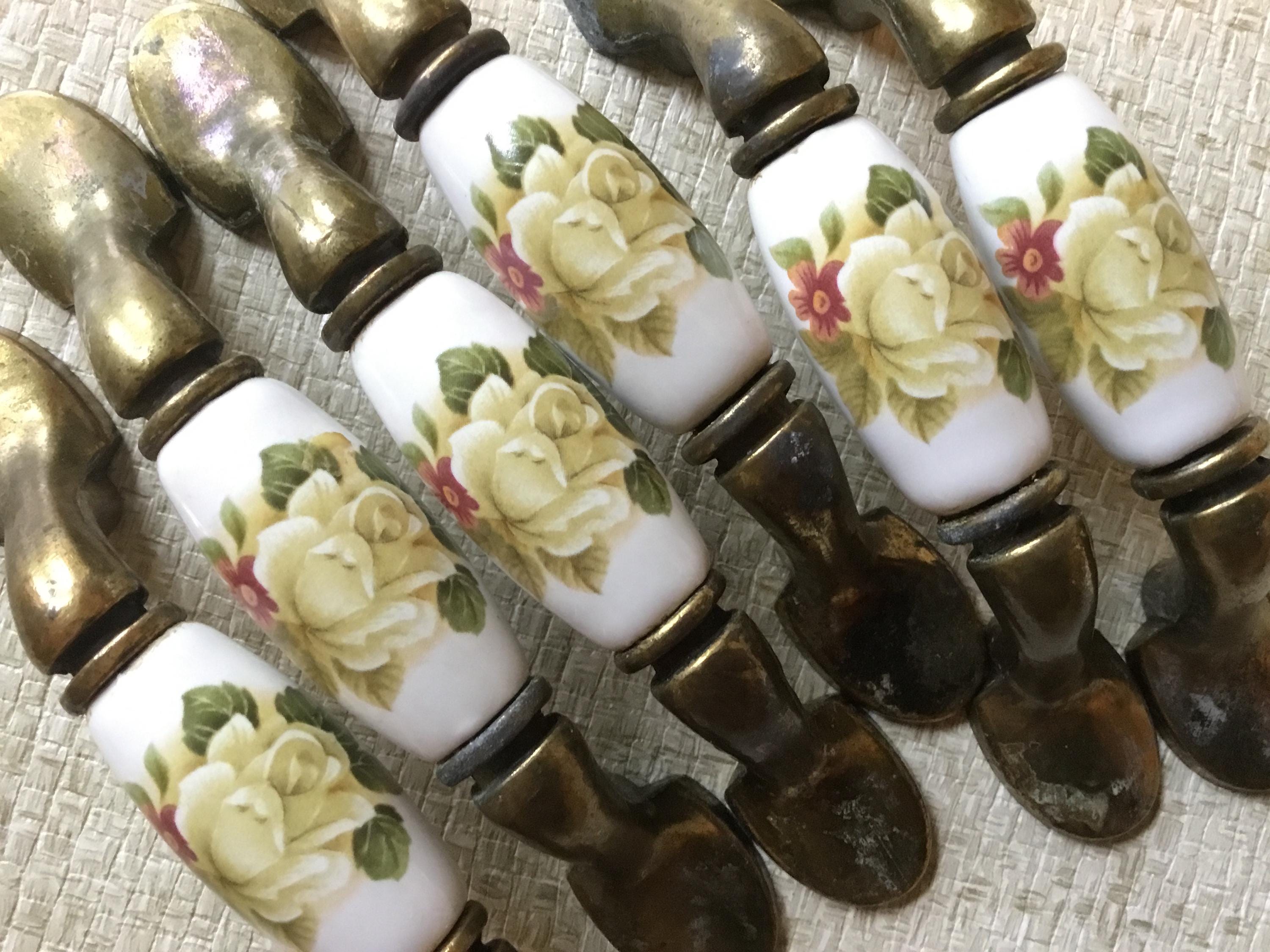 Vintage Floral Ceramic Drawer Pulls, Set of 6 Vintage Ceramic Rose