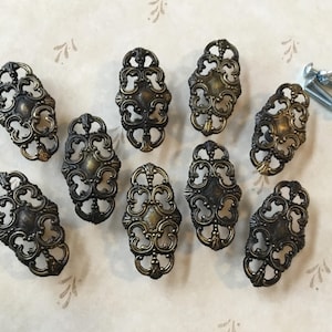 May include: Ten ornate oval-shaped cabinet knobs with a decorative floral design in a brass finish.
