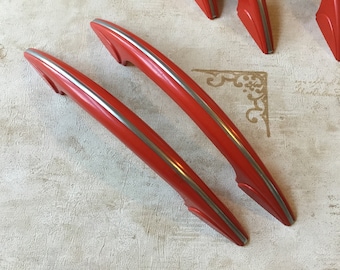 Red and Chrome Door Handles Pair of Vintage 1950’s Red & Chrome Door Handles 9 1/4” Pantry Door Handles Vintage Red Stove Handles 6” centres
